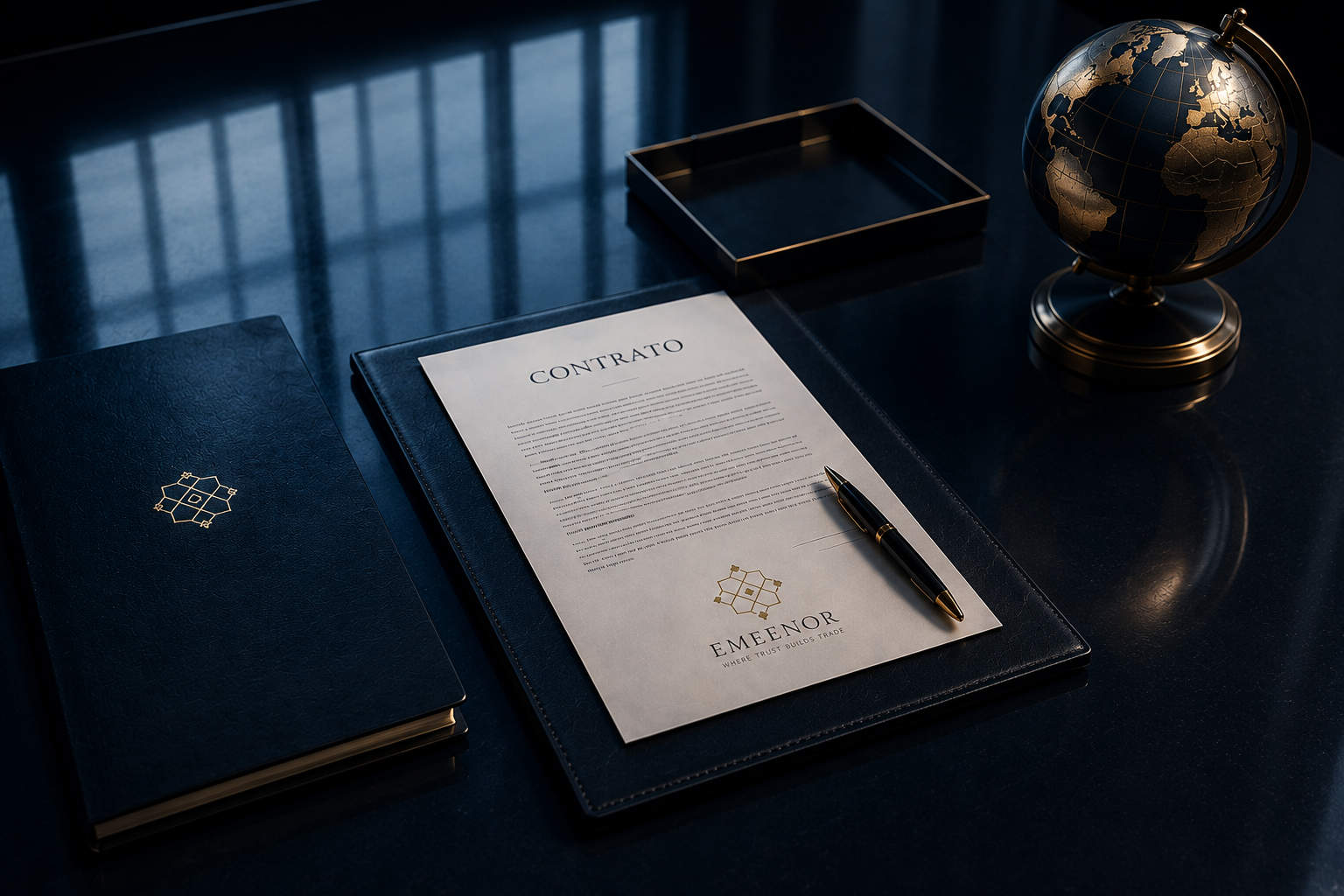 Contrato EMEENOR sobre mesa executiva com globo dourado